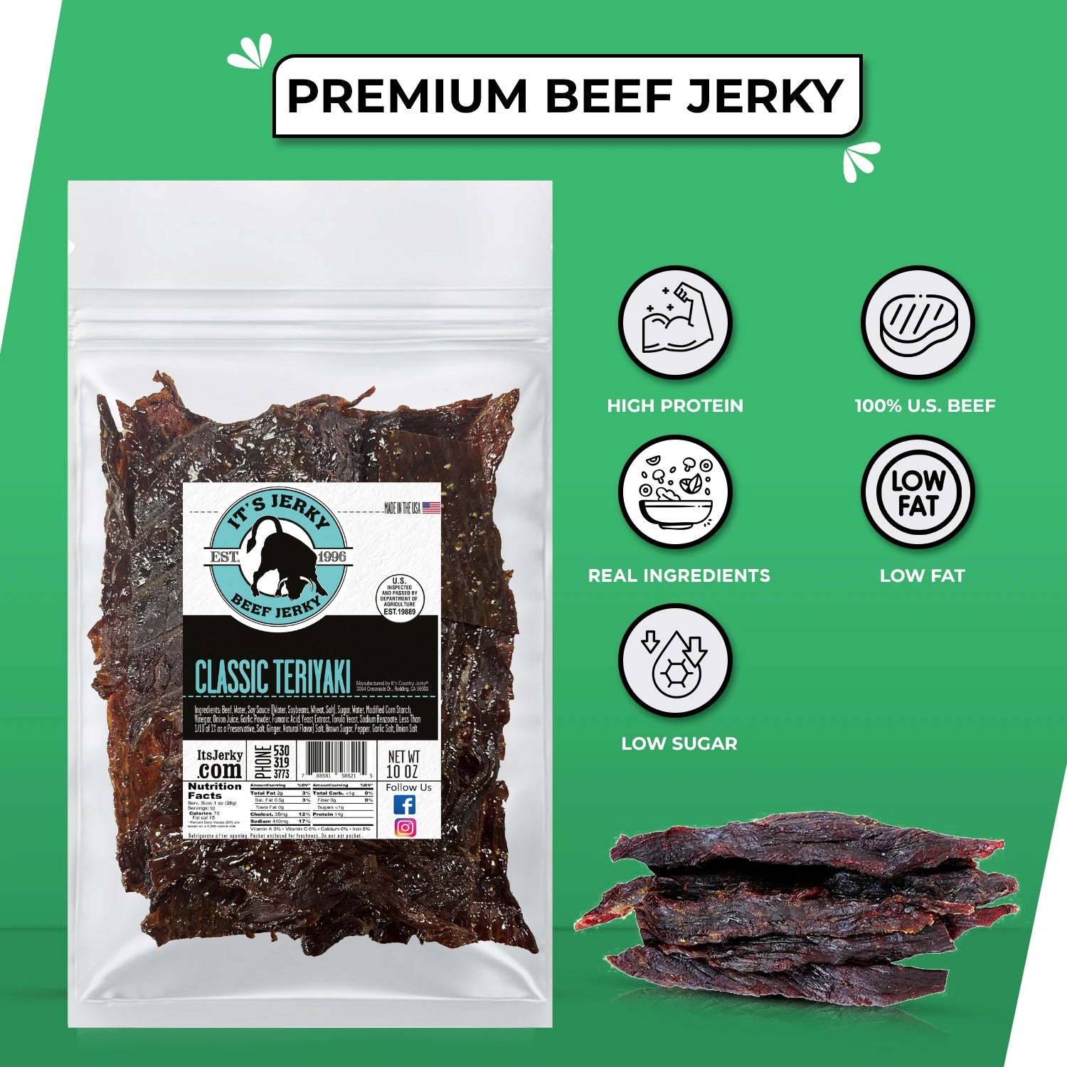 🔥 Homestyle Teriyaki Beef Jerky - 1/2 Lb - Fresh Made In USA, Gluten Free Snack